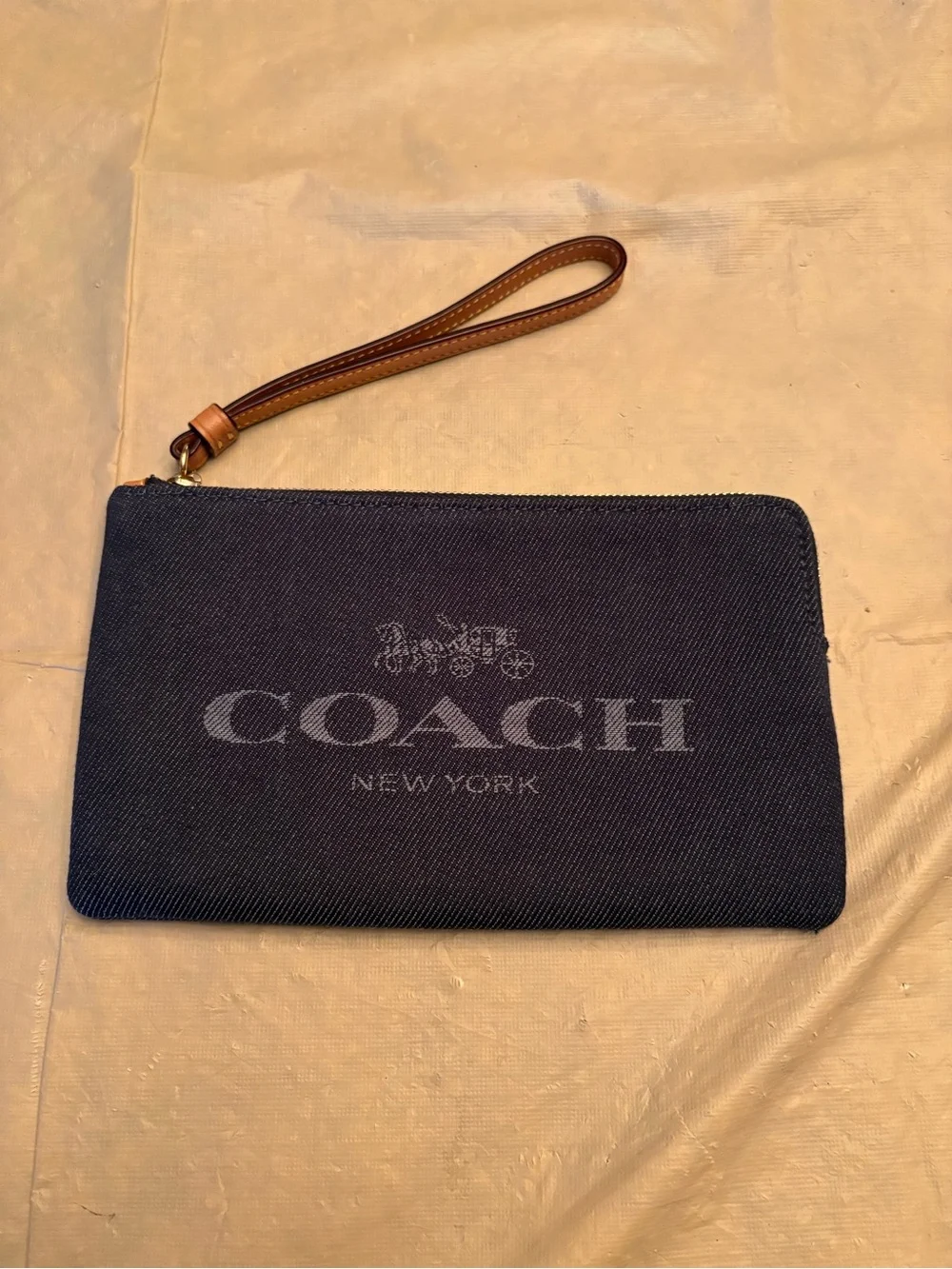 Coach Large Corner Zip Wristlet in Denim with Brown Leather Strap